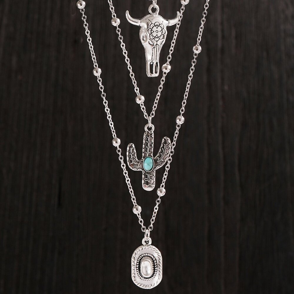 B253 Silvery Western Steer Cactus Pendant Adjustable Multi Layer Necklace - Picture 6 of 6